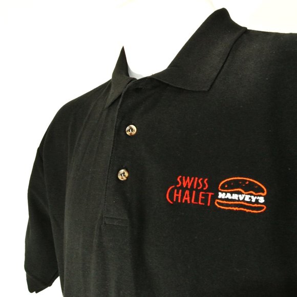 HARVEY'S SWISS CHALET Employee Uniform Polo Shirt Black NEW Size S Small - Picture 1 of 7